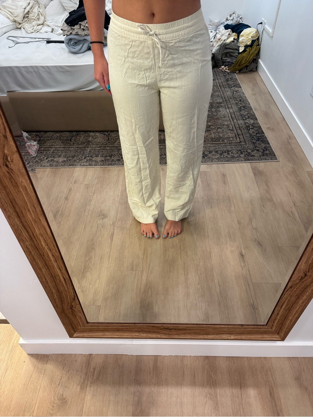 Light Cream linen Drawstring Relaxed Pants - Women